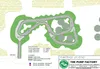 Op de afbeeldfing is een ontwerp van een pumptrack te zien. Het ligt in een soort ovaal met rechts twee opties om een de lange versie te rijden of een kortere versie.
