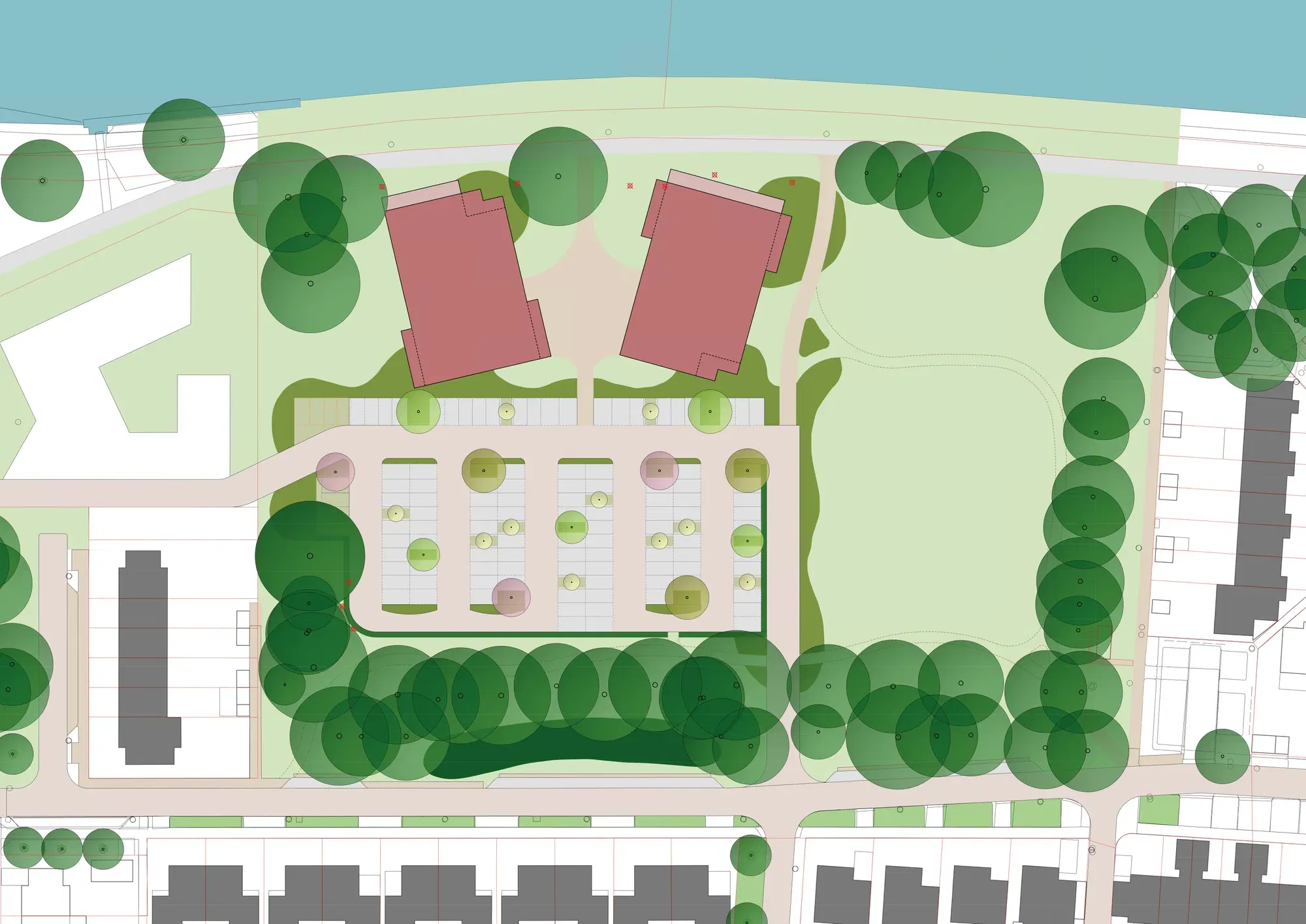 Ontwerp van het gebied met twee apartementengebouwen in het noordelijk deel en een parkeerplaats ten zuiden van de gebouwen. De rijwoningen die eerst in het ontwerp stonden zijn eruit gehaald.